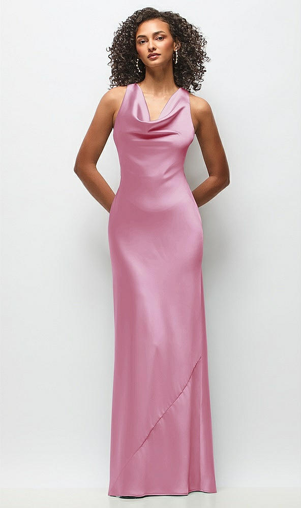 Front View - Powder Pink Cowl Neck Criss-Cross Back Satin Maxi Dress