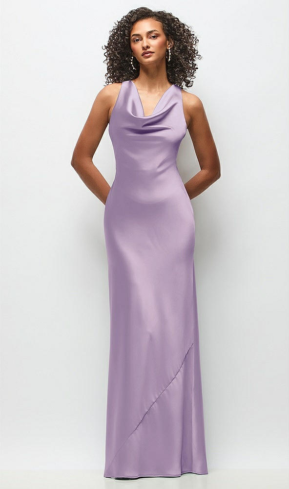 Front View - Pale Purple Cowl Neck Criss-Cross Back Satin Maxi Dress