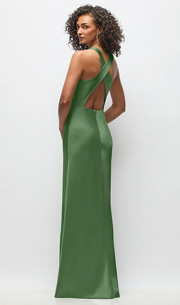 Back View - Vineyard Green Cowl Neck Criss-Cross Back Satin Maxi Dress