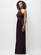 Side View Thumbnail - Deep Plum High-Neck Halter Stretch Satin Maxi Dress with Bias A-line Skirt