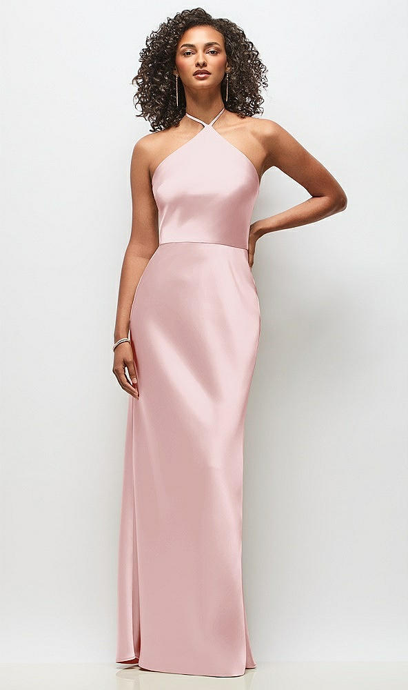 Front View - Ballet Pink High-Neck Halter Stretch Satin Maxi Dress with Bias A-line Skirt
