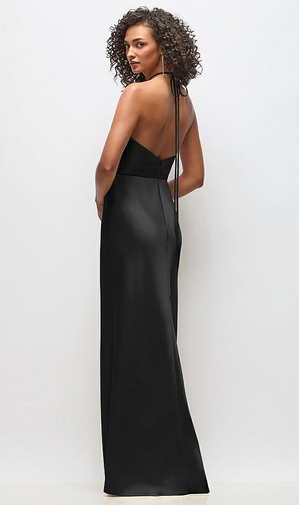 Back View - Black High-Neck Halter Stretch Satin Maxi Dress with Bias A-line Skirt