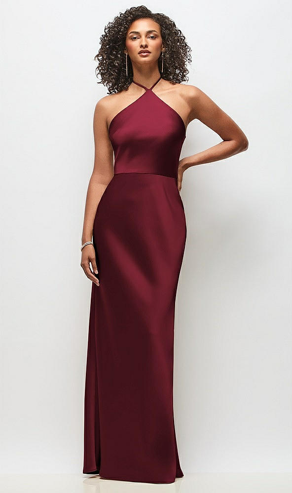 Front View - Cabernet High-Neck Halter Stretch Satin Maxi Dress with Bias A-line Skirt