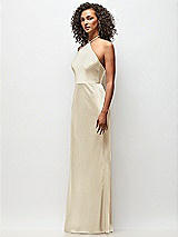 Side View Thumbnail - Champagne High-Neck Halter Stretch Satin Maxi Dress with Bias A-line Skirt