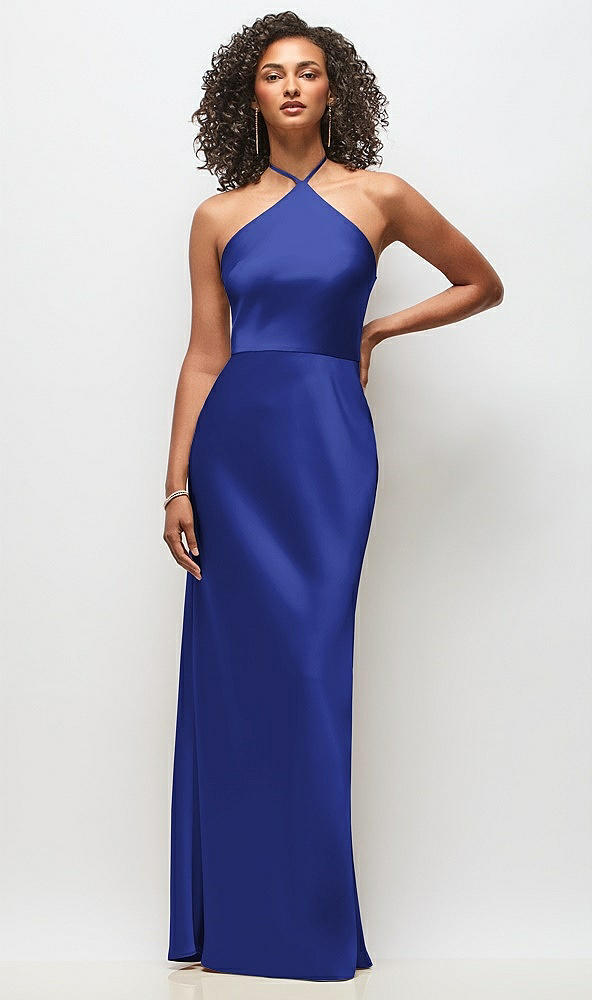Front View - Cobalt Blue High-Neck Halter Stretch Satin Maxi Dress with Bias A-line Skirt