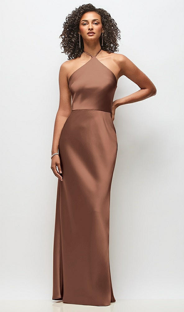 Front View - Cognac High-Neck Halter Stretch Satin Maxi Dress with Bias A-line Skirt