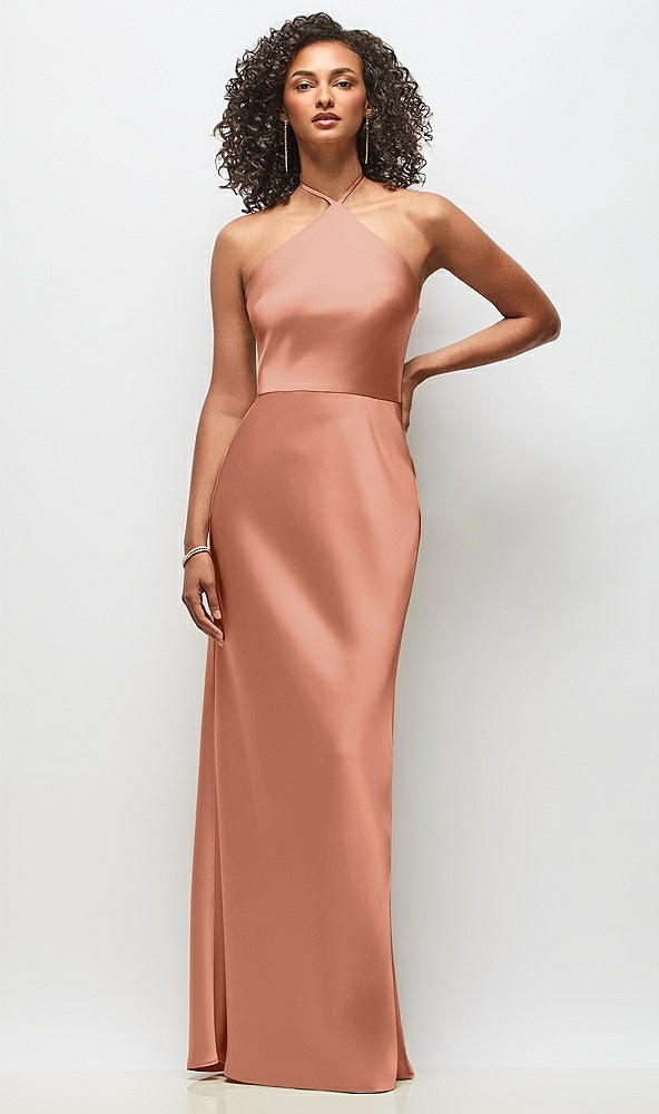 Front View - Copper Penny High-Neck Halter Stretch Satin Maxi Dress with Bias A-line Skirt