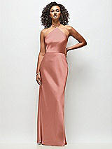 Front View Thumbnail - Desert Rose High-Neck Halter Stretch Satin Maxi Dress with Bias A-line Skirt