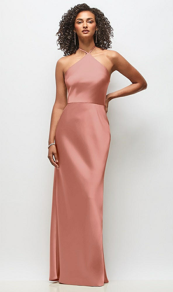 Front View - Desert Rose High-Neck Halter Stretch Satin Maxi Dress with Bias A-line Skirt
