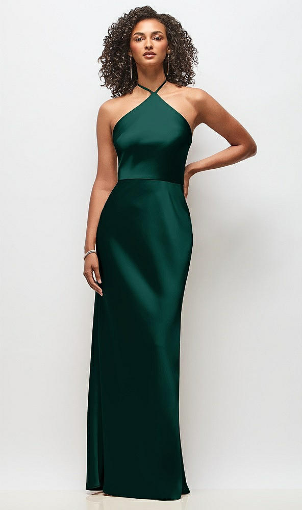 Front View - Evergreen High-Neck Halter Stretch Satin Maxi Dress with Bias A-line Skirt