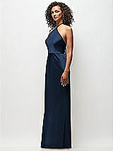 Side View Thumbnail - Midnight Navy High-Neck Halter Stretch Satin Maxi Dress with Bias A-line Skirt