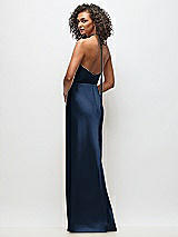 Rear View Thumbnail - Midnight Navy High-Neck Halter Stretch Satin Maxi Dress with Bias A-line Skirt