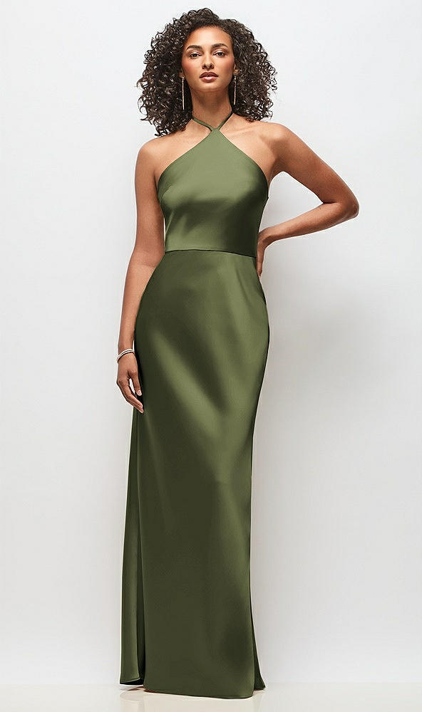 Front View - Olive Green High-Neck Halter Stretch Satin Maxi Dress with Bias A-line Skirt