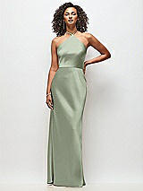 Front View Thumbnail - Sage High-Neck Halter Stretch Satin Maxi Dress with Bias A-line Skirt