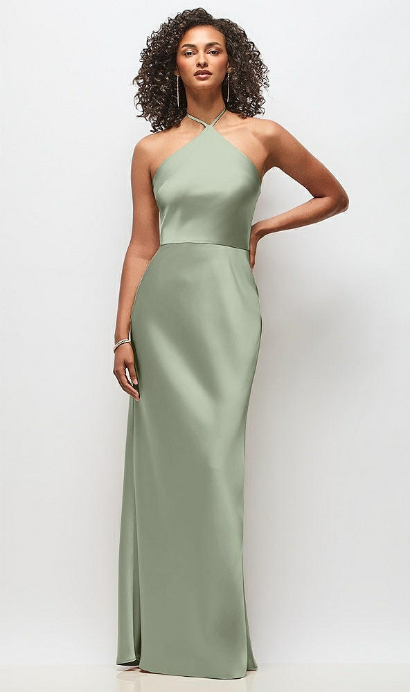 Front View - Sage High-Neck Halter Stretch Satin Maxi Dress with Bias A-line Skirt