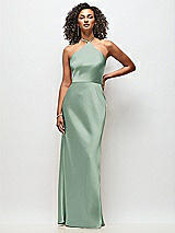 Front View Thumbnail - Seagrass High-Neck Halter Stretch Satin Maxi Dress with Bias A-line Skirt