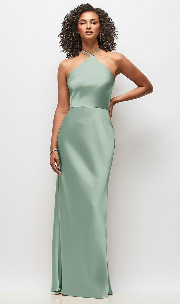 Front View - Seagrass High-Neck Halter Stretch Satin Maxi Dress with Bias A-line Skirt
