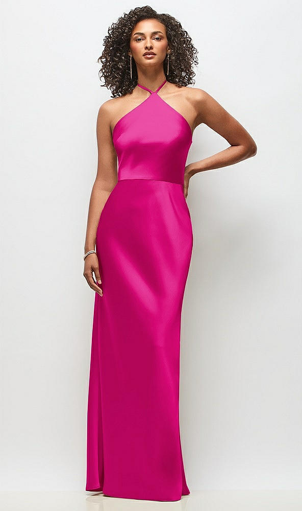 Front View - Think Pink High-Neck Halter Stretch Satin Maxi Dress with Bias A-line Skirt