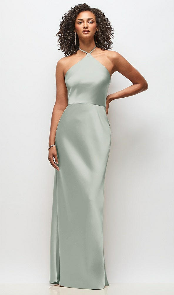 Front View - Willow Green High-Neck Halter Stretch Satin Maxi Dress with Bias A-line Skirt