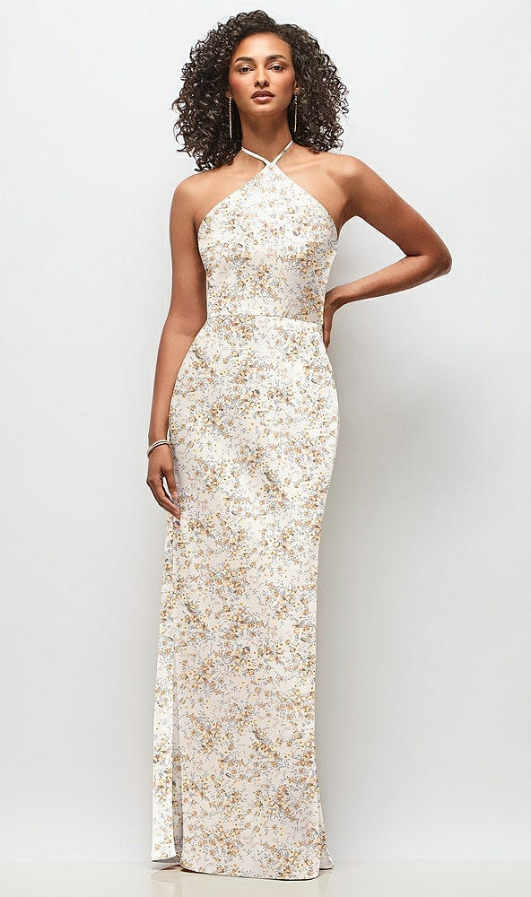 Front View - Golden Hour High-Neck Halter Floral Stretch Satin Maxi Dress with Bias A-line Skirt