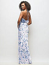 Rear View Thumbnail - Magnolia Sky High-Neck Halter Floral Stretch Satin Maxi Dress with Bias A-line Skirt