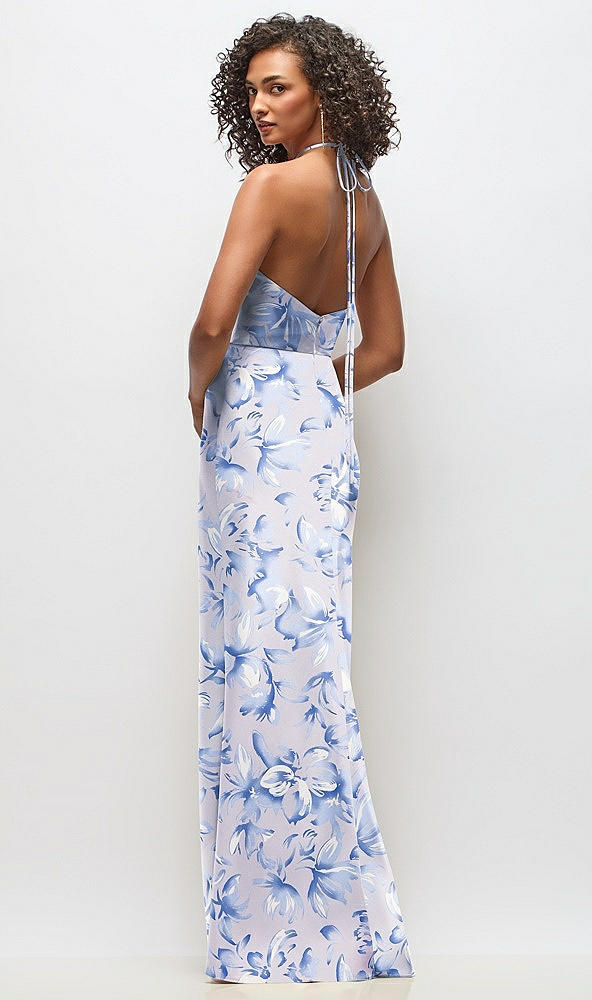 Back View - Magnolia Sky High-Neck Halter Floral Stretch Satin Maxi Dress with Bias A-line Skirt