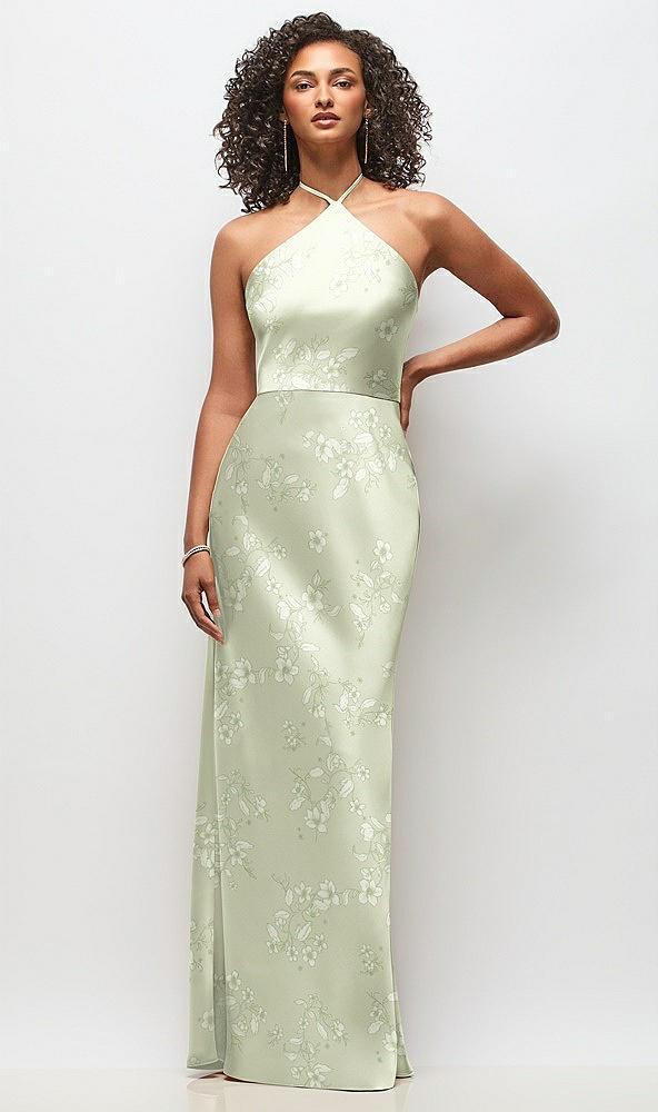 Front View - Vintage Primrose Celadon High-Neck Halter Floral Stretch Satin Maxi Dress with Bias A-line Skirt