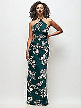 Front View Thumbnail - Vintage Primrose Evergreen High-Neck Halter Floral Stretch Satin Maxi Dress with Bias A-line Skirt