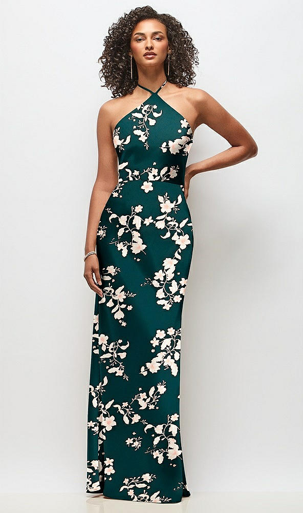 Front View - Vintage Primrose Evergreen High-Neck Halter Floral Stretch Satin Maxi Dress with Bias A-line Skirt