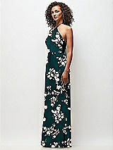 Side View Thumbnail - Vintage Primrose Evergreen High-Neck Halter Floral Stretch Satin Maxi Dress with Bias A-line Skirt