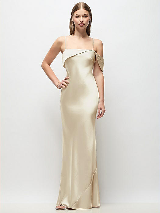Asymmetrical Cuff Neck Stretch Satin Bias Maxi Dress with Adjustable Spaghetti Straps
