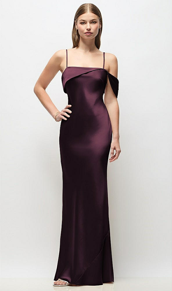 Front View - Deep Plum Asymmetrical Cuff Neck Stretch Satin Bias Maxi Dress with Adjustable Spaghetti Straps