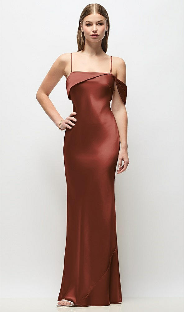 Front View - Auburn Moon Asymmetrical Cuff Neck Stretch Satin Bias Maxi Dress with Adjustable Spaghetti Straps