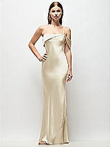Front View Thumbnail - Champagne Asymmetrical Cuff Neck Stretch Satin Bias Maxi Dress with Adjustable Spaghetti Straps