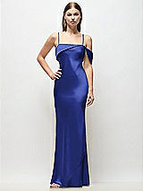 Front View Thumbnail - Cobalt Blue Asymmetrical Cuff Neck Stretch Satin Bias Maxi Dress with Adjustable Spaghetti Straps