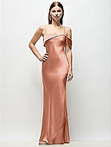 Front View Thumbnail - Copper Penny Asymmetrical Cuff Neck Stretch Satin Bias Maxi Dress with Adjustable Spaghetti Straps