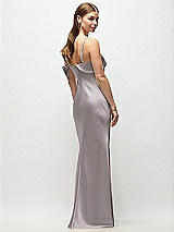 Rear View Thumbnail - Cashmere Gray Asymmetrical Cuff Neck Stretch Satin Bias Maxi Dress with Adjustable Spaghetti Straps