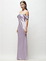 Side View Thumbnail - Lilac Haze Asymmetrical Cuff Neck Stretch Satin Bias Maxi Dress with Adjustable Spaghetti Straps