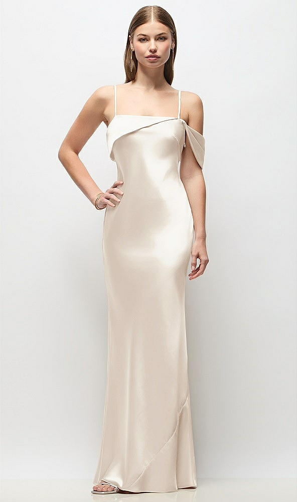 Front View - Oat Asymmetrical Cuff Neck Stretch Satin Bias Maxi Dress with Adjustable Spaghetti Straps