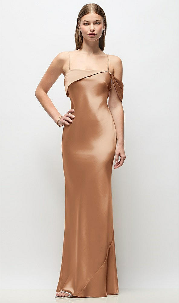 Front View - Toffee Asymmetrical Cuff Neck Stretch Satin Bias Maxi Dress with Adjustable Spaghetti Straps