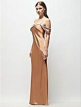 Side View Thumbnail - Toffee Asymmetrical Cuff Neck Stretch Satin Bias Maxi Dress with Adjustable Spaghetti Straps