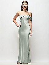 Front View Thumbnail - Willow Green Asymmetrical Cuff Neck Stretch Satin Bias Maxi Dress with Adjustable Spaghetti Straps