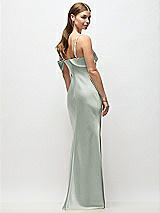 Rear View Thumbnail - Willow Green Asymmetrical Cuff Neck Stretch Satin Bias Maxi Dress with Adjustable Spaghetti Straps