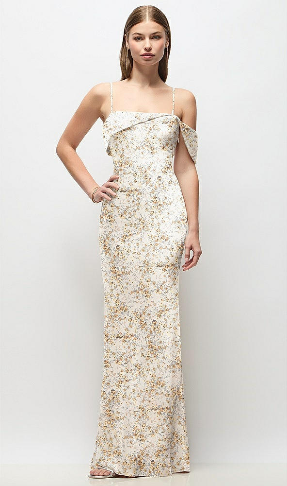 Front View - Golden Hour Asymmetrical Cuff Neck Floral Stretch Satin Bias Maxi Dress with Adjustable Spaghetti Straps