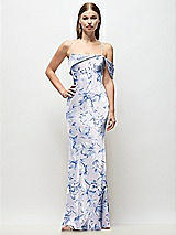 Front View Thumbnail - Magnolia Sky Asymmetrical Cuff Neck Floral Stretch Satin Bias Maxi Dress with Adjustable Spaghetti Straps