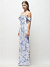 Side View Thumbnail - Magnolia Sky Asymmetrical Cuff Neck Floral Stretch Satin Bias Maxi Dress with Adjustable Spaghetti Straps