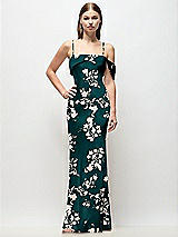 Front View Thumbnail - Vintage Primrose Evergreen Asymmetrical Cuff Neck Floral Stretch Satin Bias Maxi Dress with Adjustable Spaghetti Straps