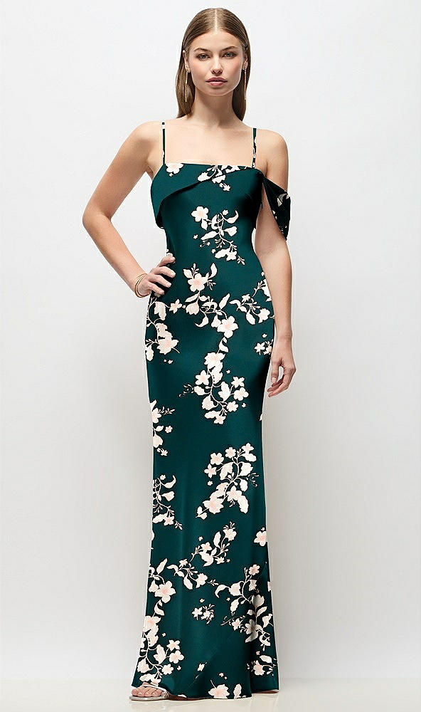 Front View - Vintage Primrose Evergreen Asymmetrical Cuff Neck Floral Stretch Satin Bias Maxi Dress with Adjustable Spaghetti Straps