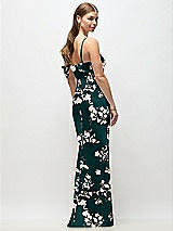 Rear View Thumbnail - Vintage Primrose Evergreen Asymmetrical Cuff Neck Floral Stretch Satin Bias Maxi Dress with Adjustable Spaghetti Straps