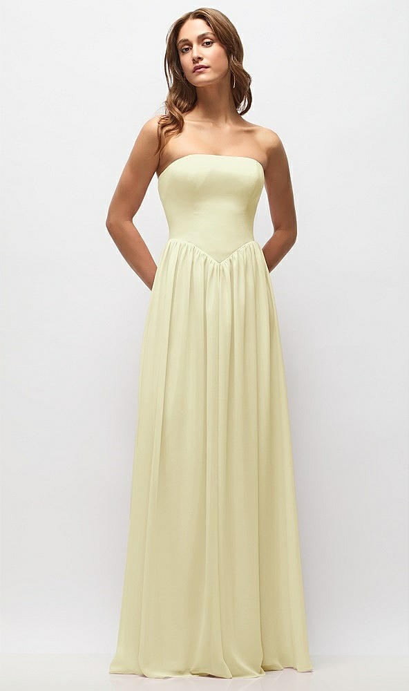 Front View - Butter Yellow Strapless Basque Drop Waist Chiffon Maxi Dress with Shirred Skirt 